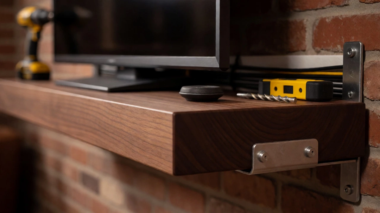 Modern TV resting on a heavy-duty floating wood shelf