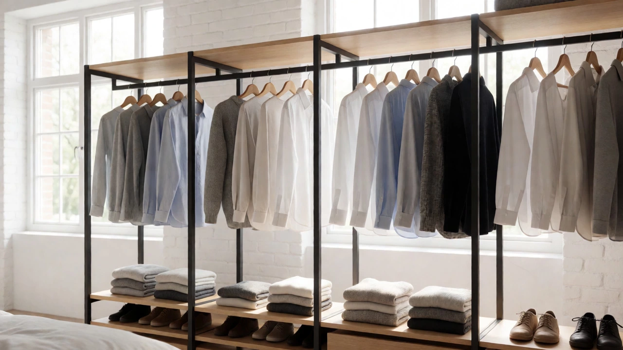 Open wardrobe system in a bright Scandinavian bedroom with organized clothes