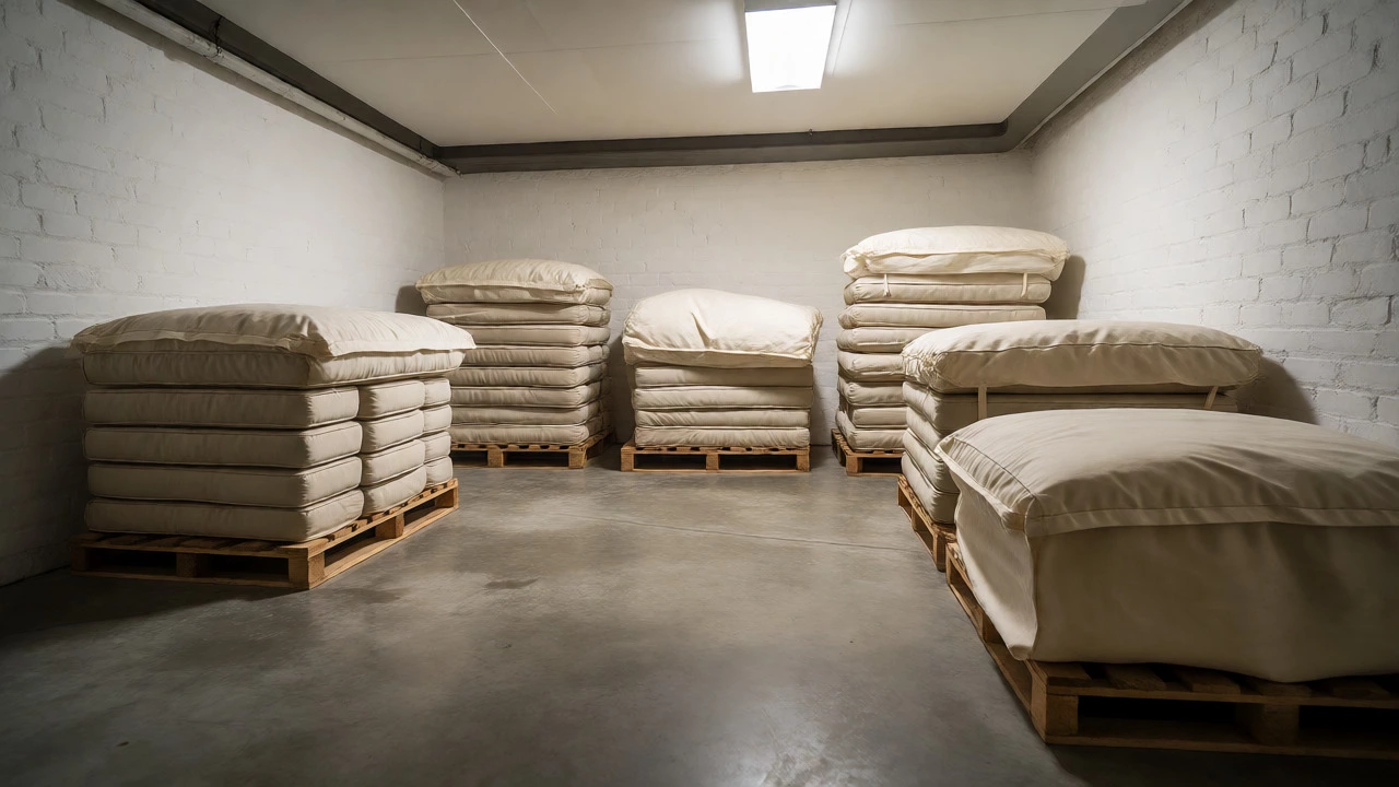 Patio cushions stored in breathable bags in a basement