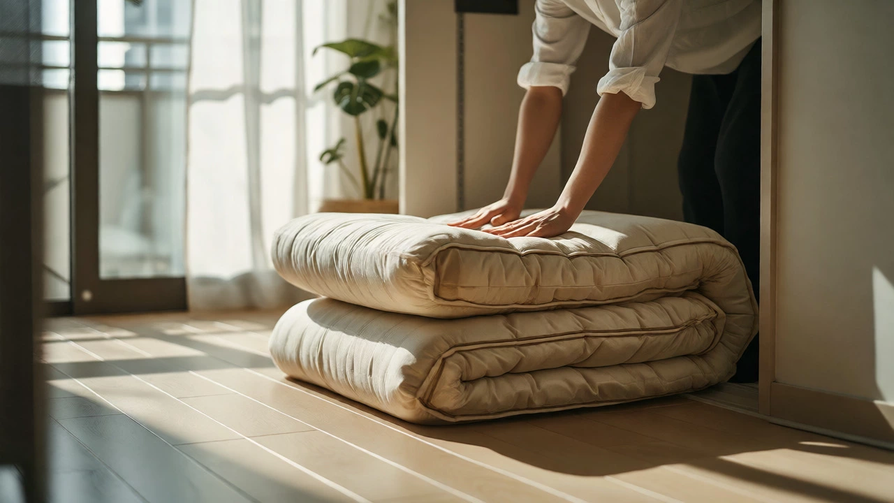 Person folding a shikibuton mattress to store it in a closet, freeing up floor space in a studio apartment.