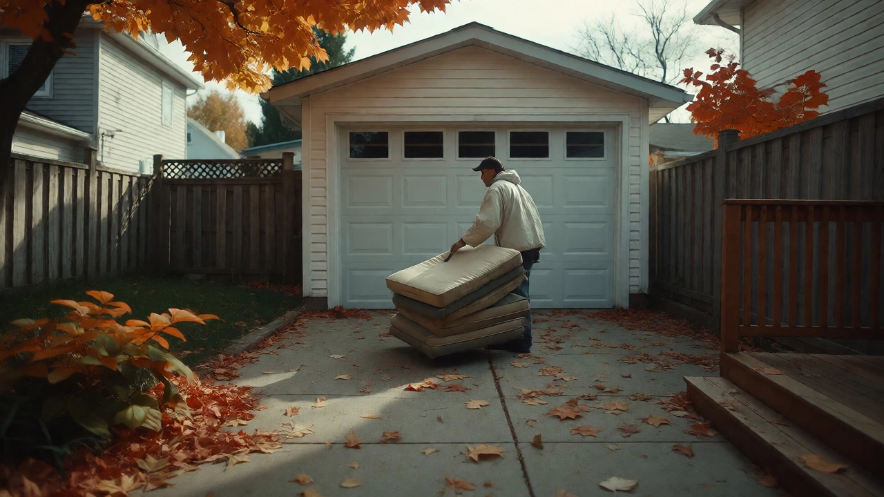 Person moving patio cushions indoors during autumn