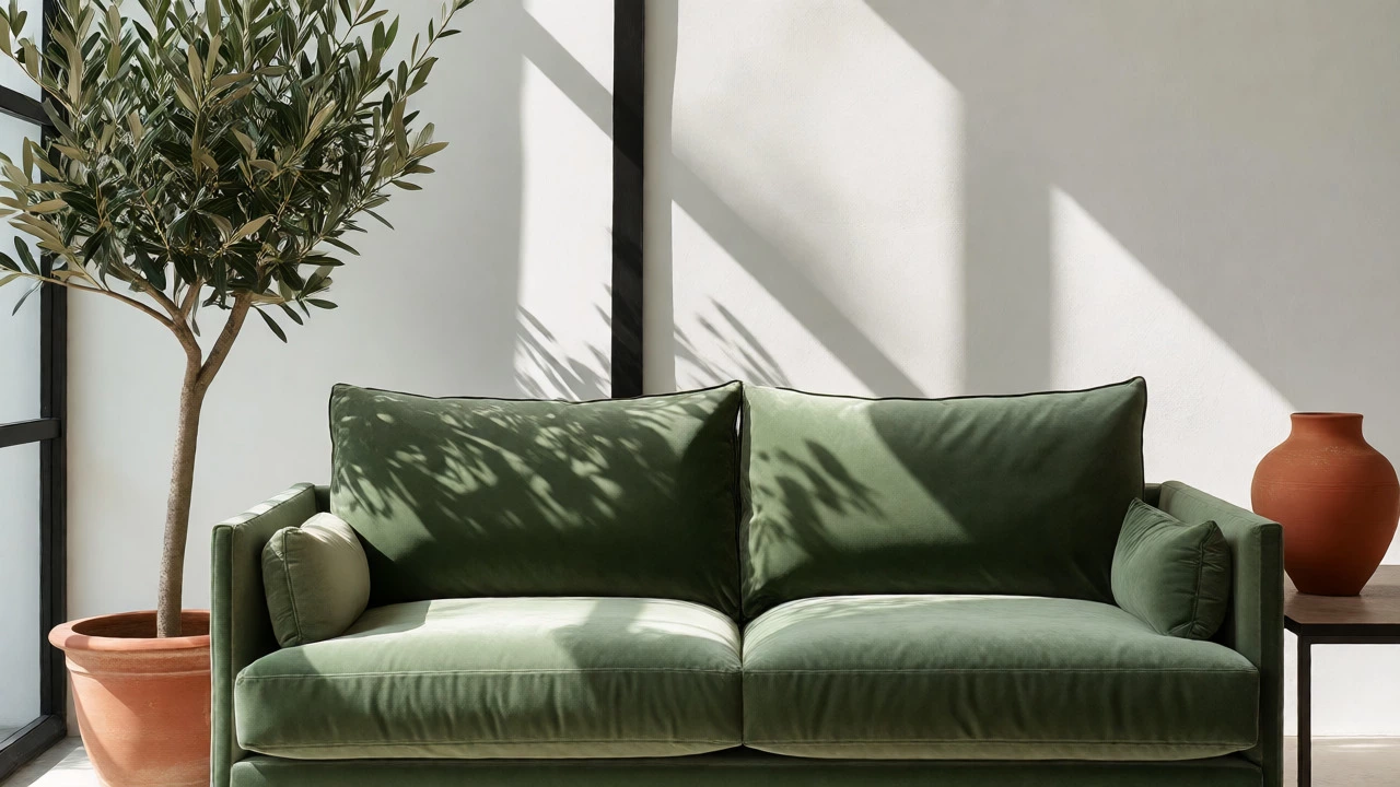 Sage green velvet sofa with terracotta accents