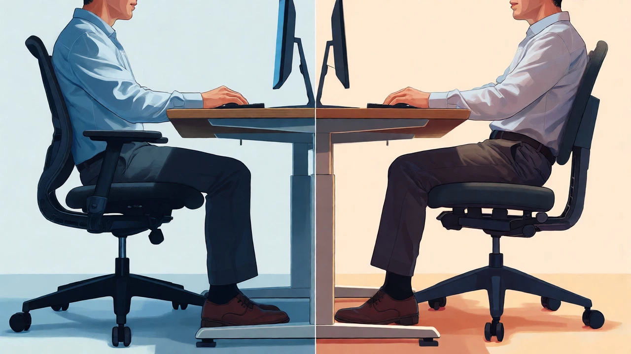 Split view comparing cramped fixed arms vs. free-moving armless seating