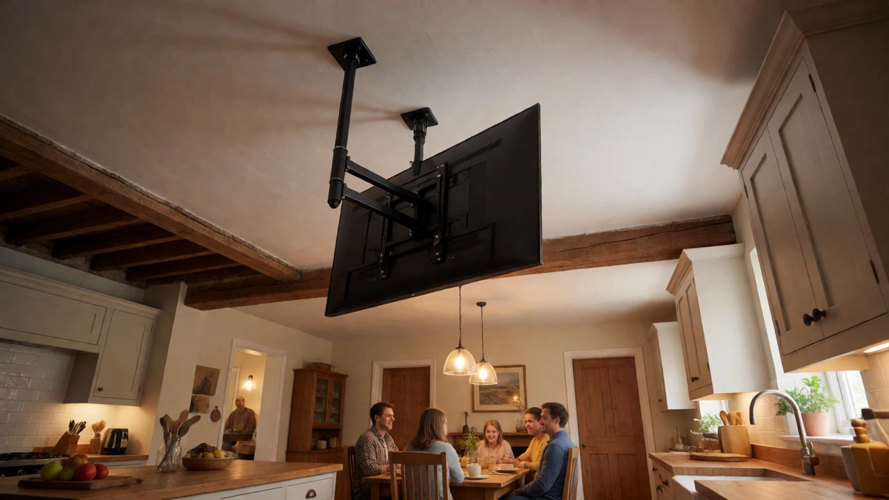 Television suspended from ceiling mount over a dining area