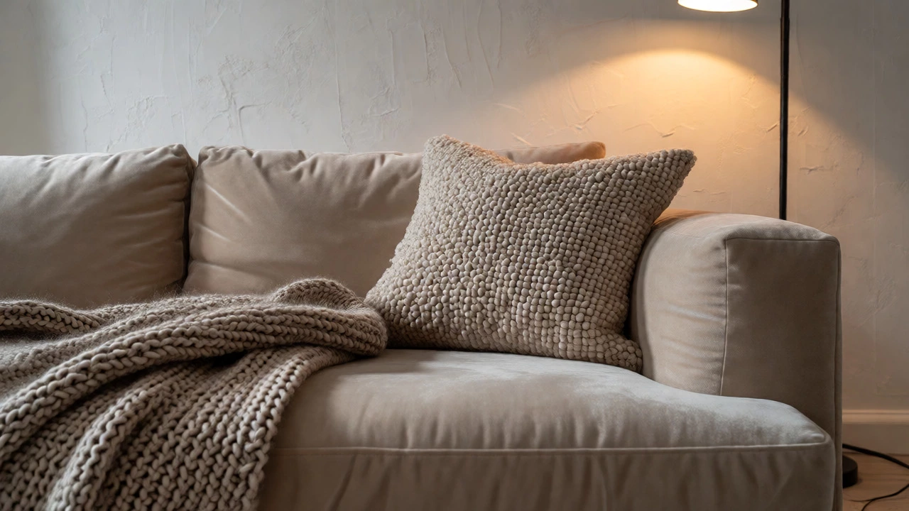 Textured throw pillows and blanket on a beige velvet sofa