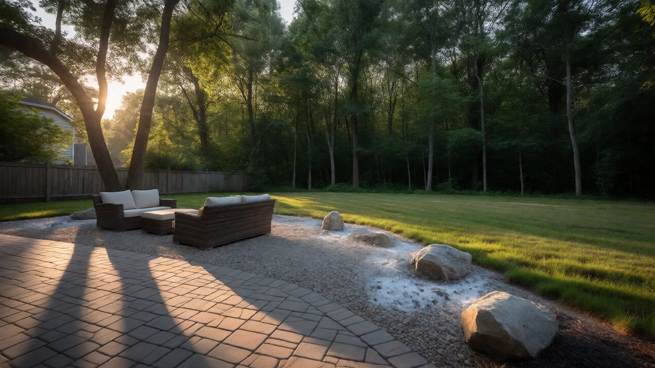 Wicker furniture on gravel pad away from wooded area