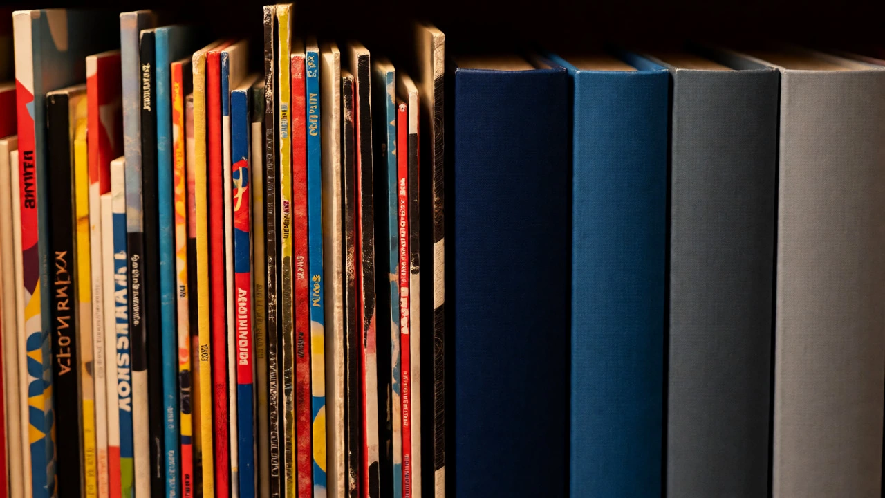 Close-up comparing noisy book spines vs smooth backward covers