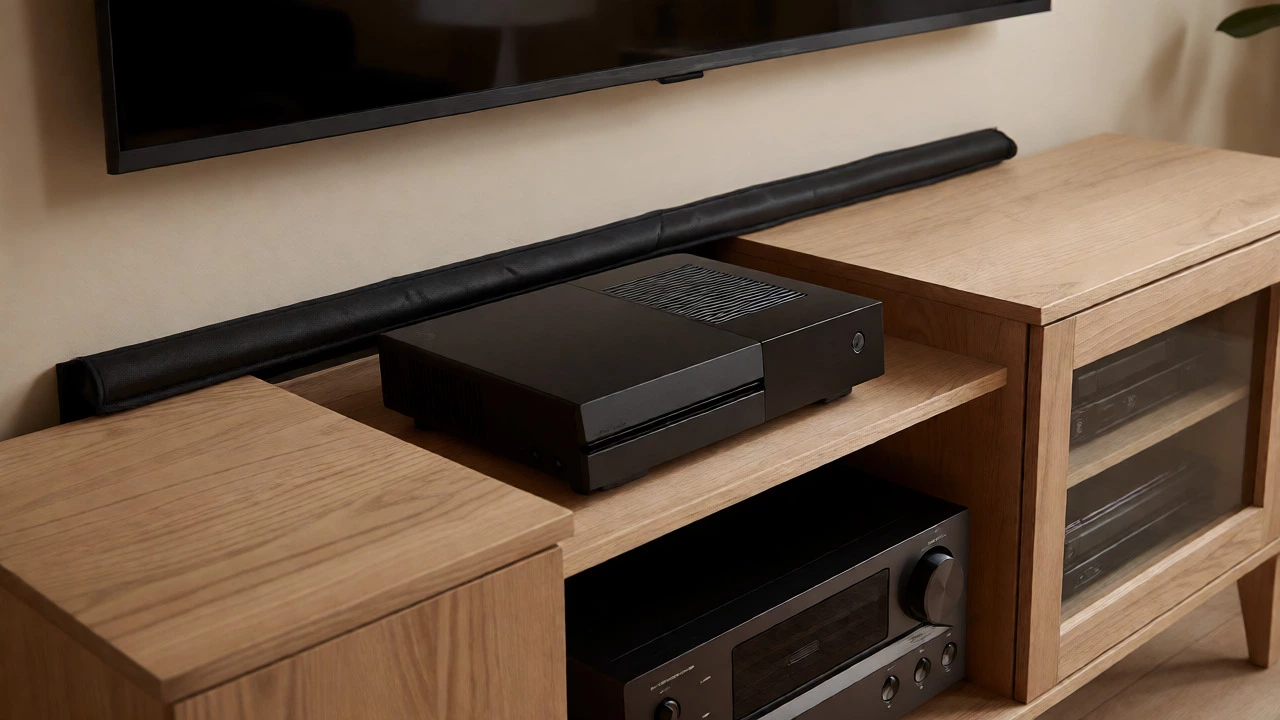 Close-up of a media console with gaming consoles and hidden cable management.