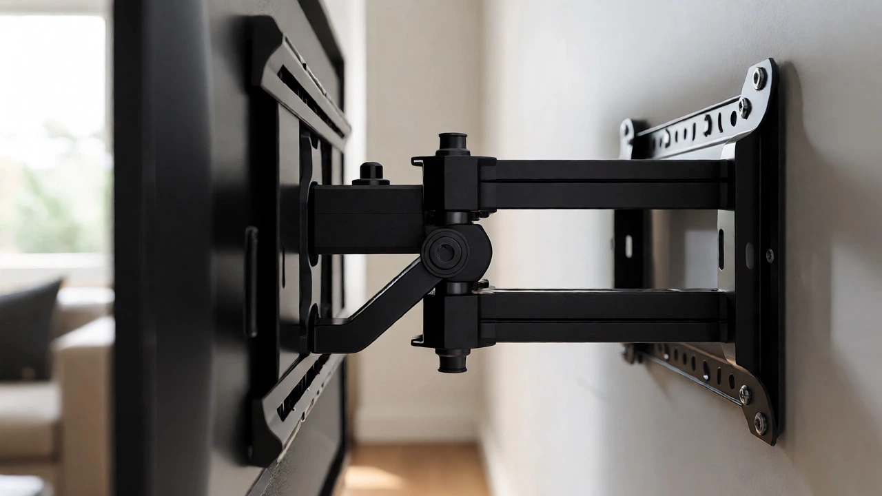 Close-up of adjustable TV wall mount bracket allowing downward tilt for better viewing angles.