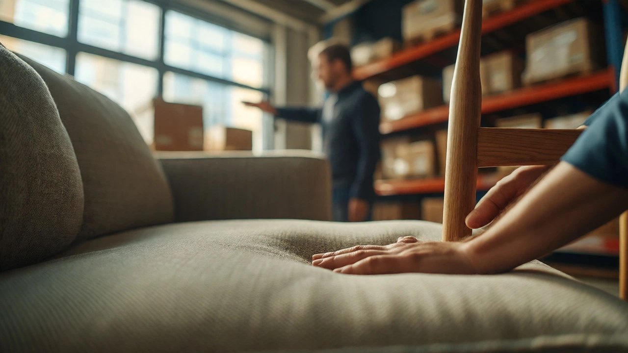Close-up of hands inspecting sofa cushions and chair joints during a detailed furniture purchase evaluation.