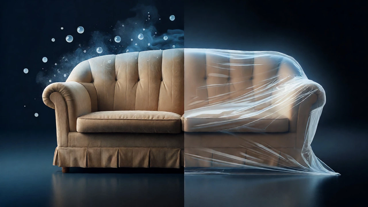 Conceptual art showing shrink wrap protecting a sofa from dust