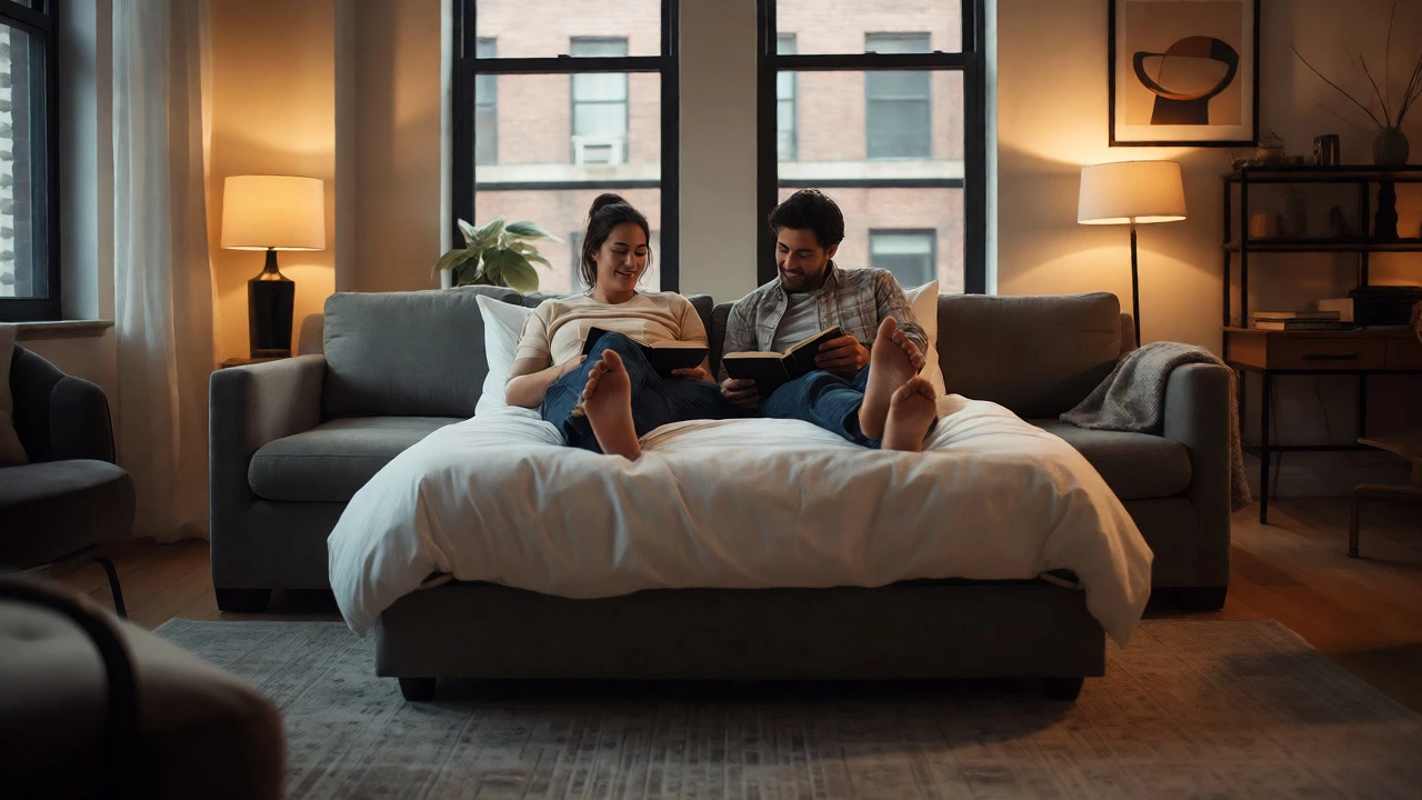 Couple comfortably sleeping on an open queen sleeper sofa bed in a lit apartment.