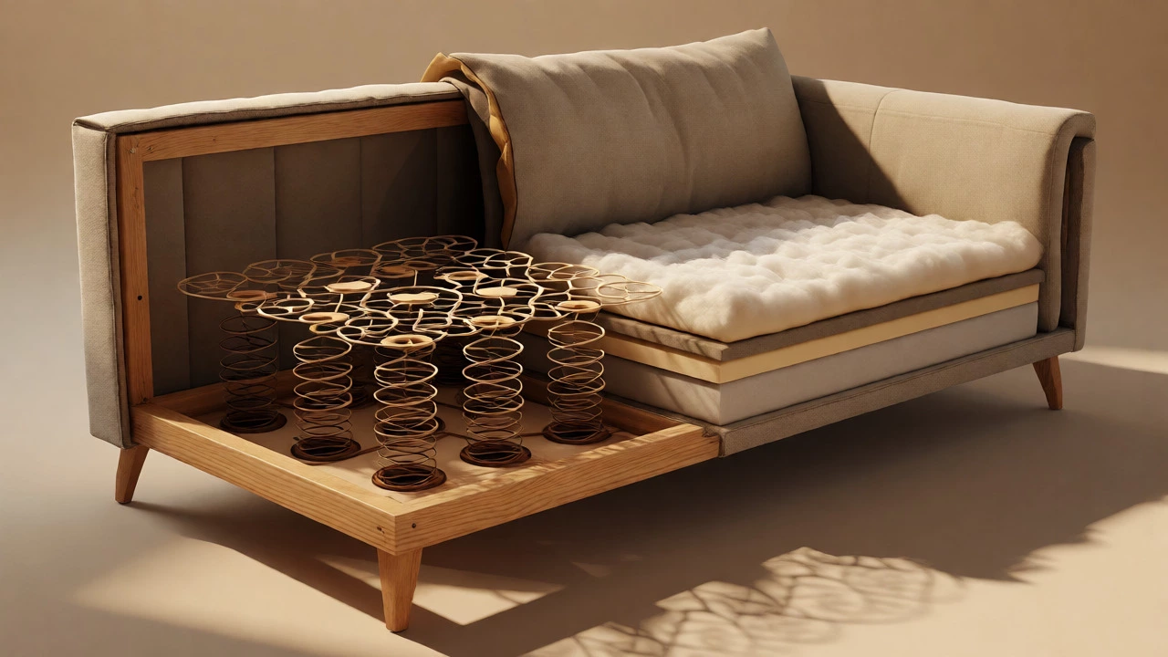 Cross-section showing hardwood frame, springs, and foam inside a high-end sofa.