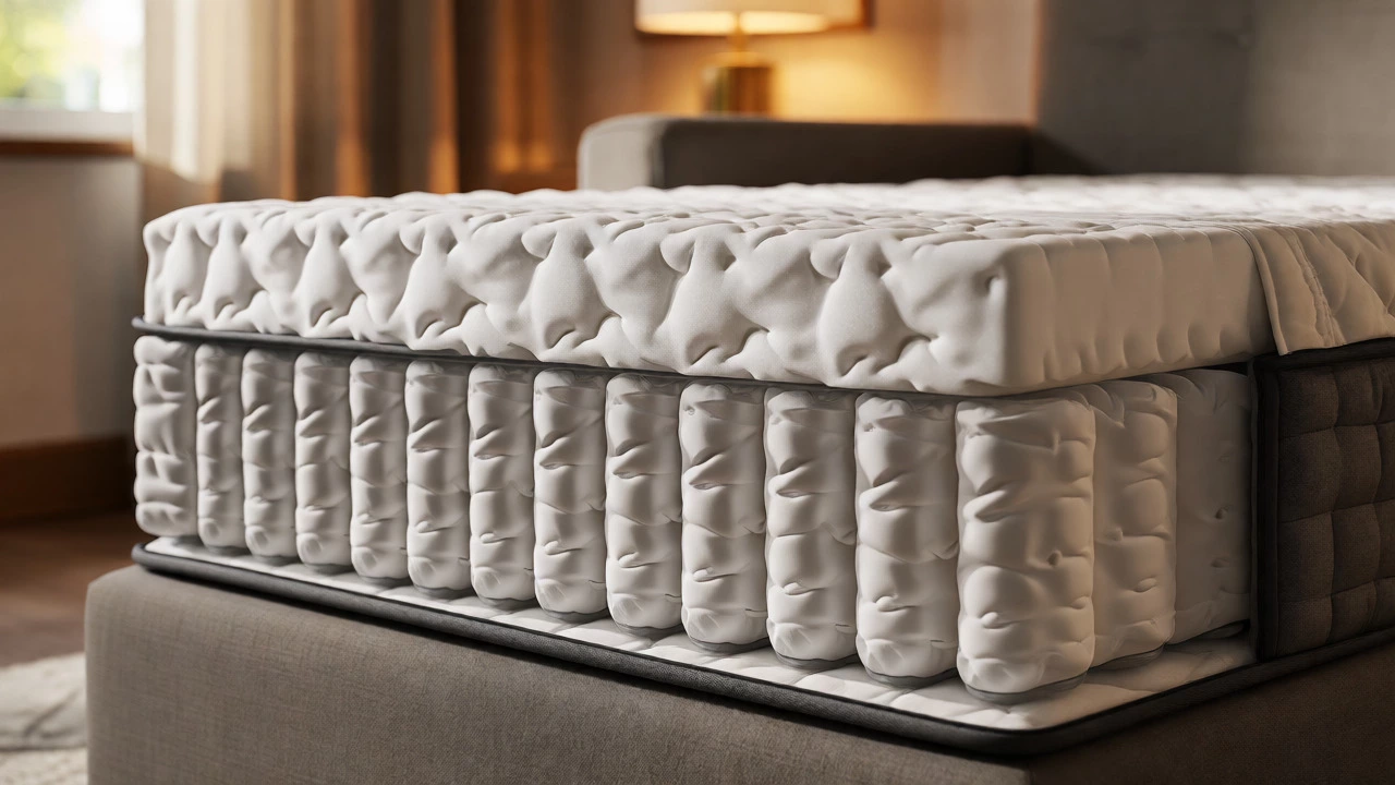 Cross-section view of a queen sleeper mattress showing memory foam and coil layers.