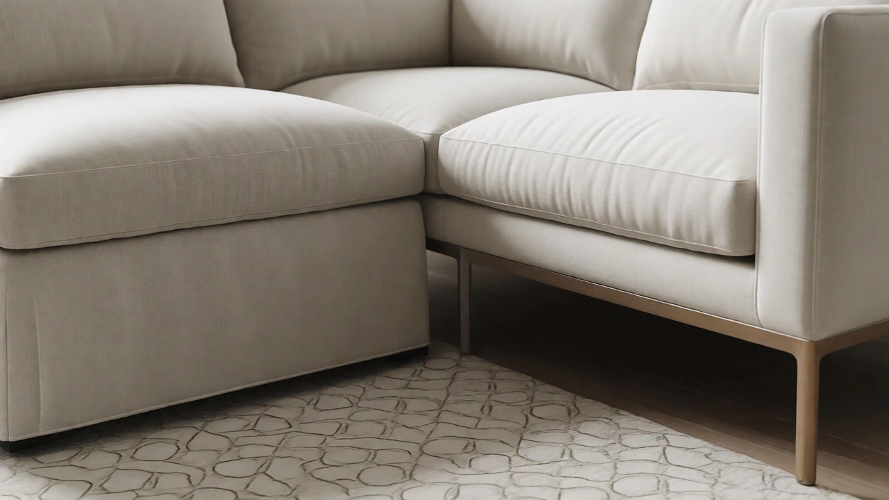 Detail of a light fabric sofa with open legs showing floor clearance