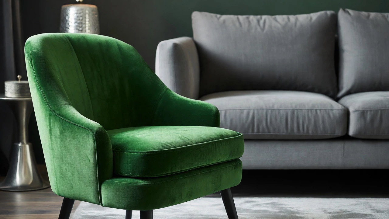 Emerald green velvet chair contrasting with gray sofa