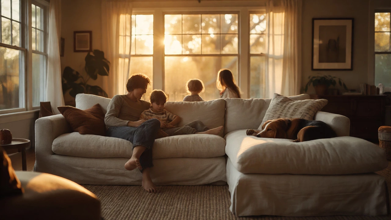 Family relaxing on a durable linen sofa in a sunlit living room.