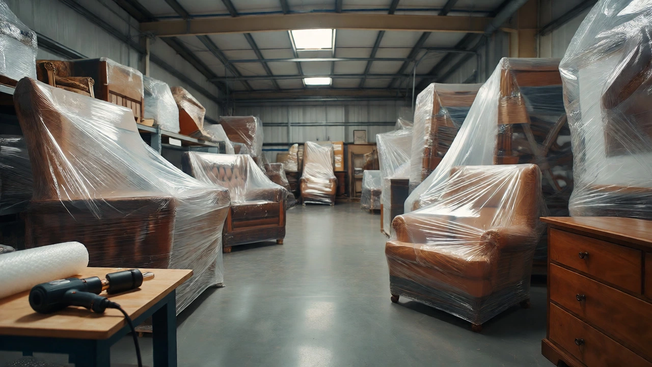 Furniture wrapped in plastic inside a storage unit with tools nearby