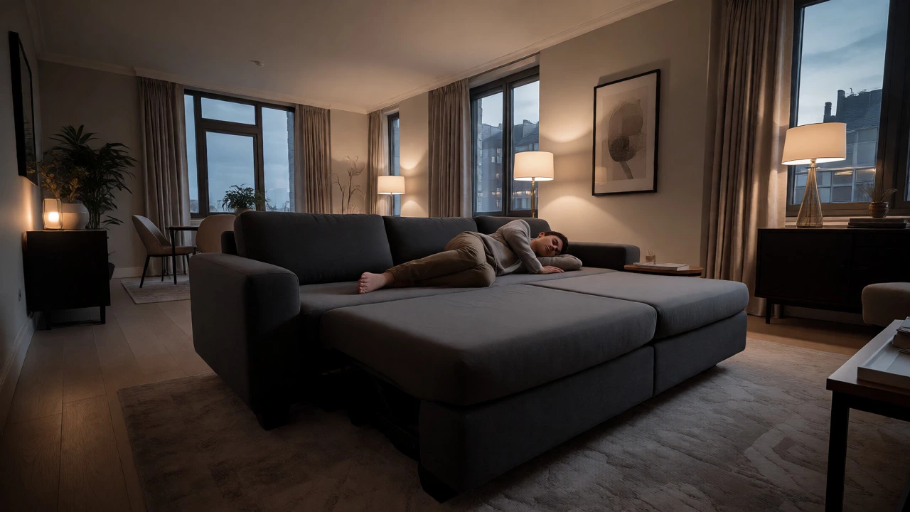 Guest sleeping comfortably on a converted sofa bed in a living room