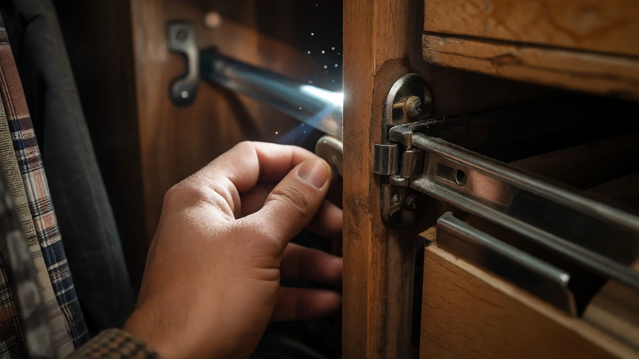 Hand repairing jammed drawer in tight wardrobe space