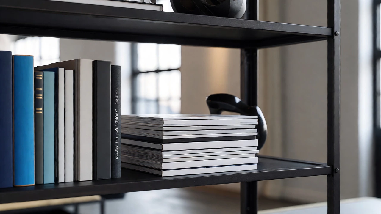 Industrial black steel bookshelf styled with color-grouped books and sculptures.