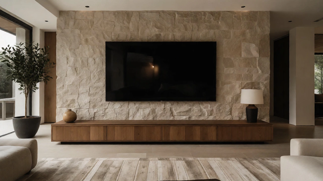 Large wall-mounted TV anchored by a long wooden bench-style stand in a modern room.
