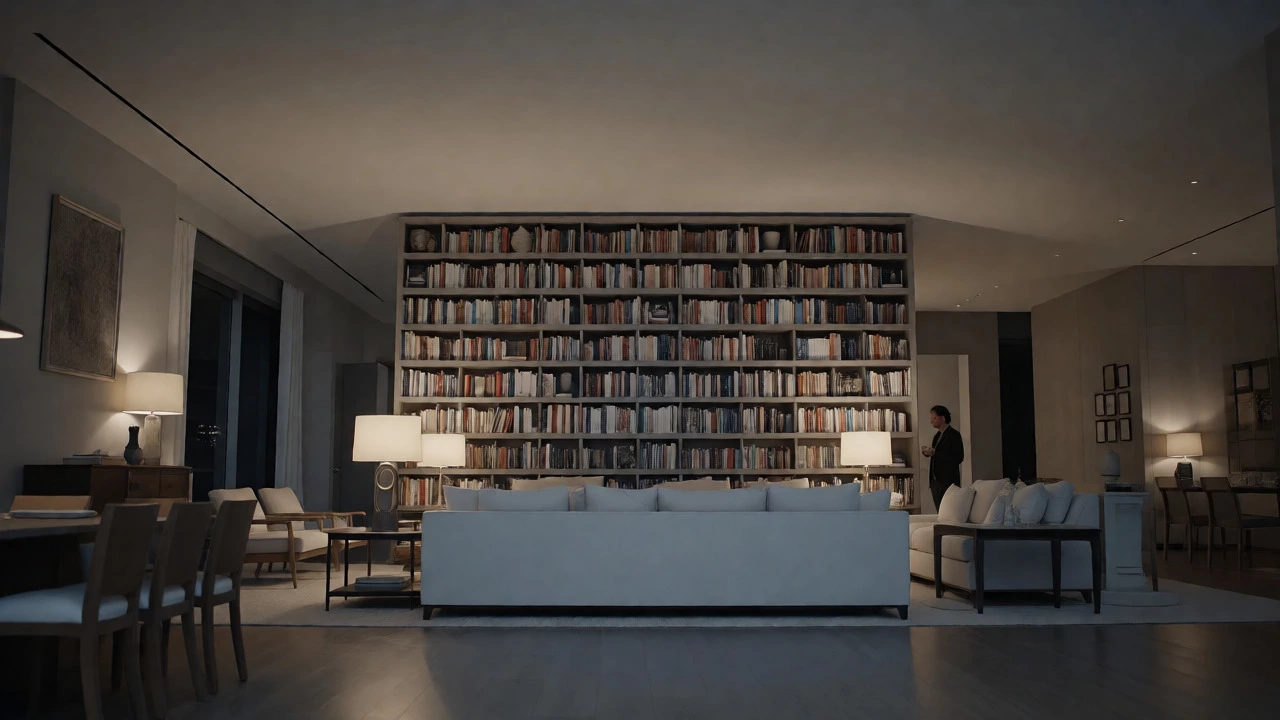 Luxury living room with backward-styled books as color blocks