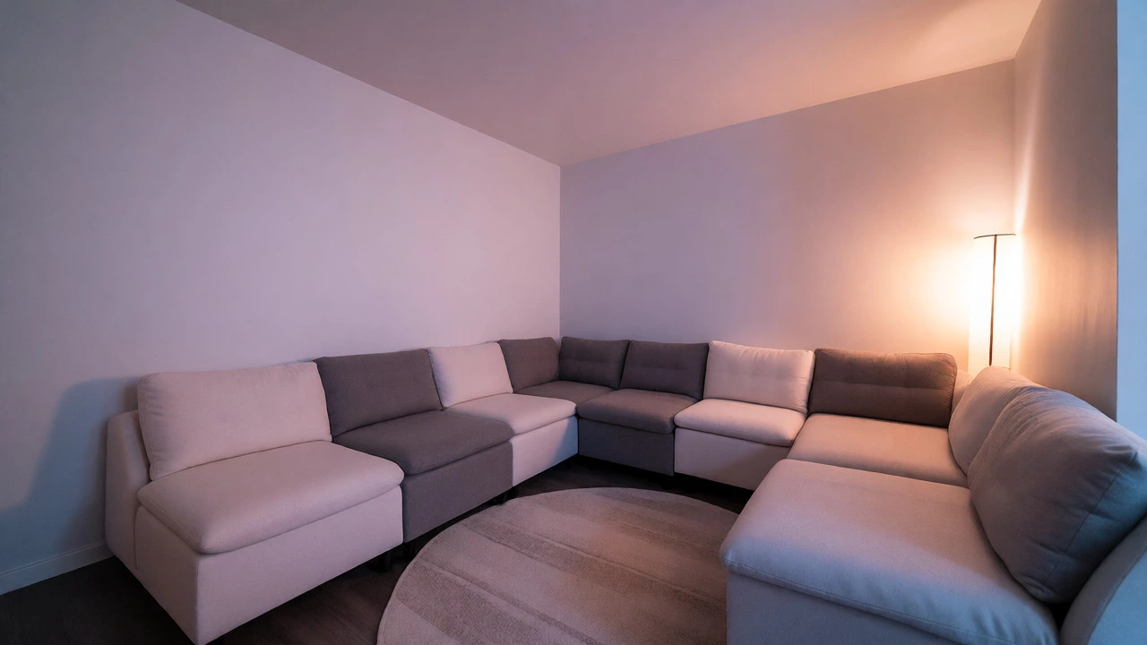 Modular corner sofa anchoring a studio apartment with a round rug