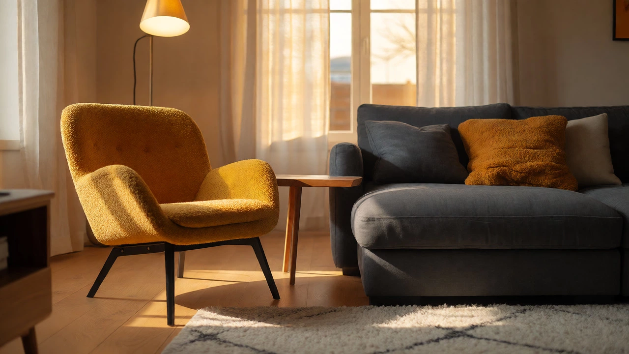 Mustard yellow chair styled with gray couch and matching pillows