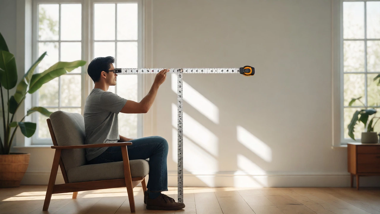 Person using tape measure to check eye level height for optimal TV placement in living room.
