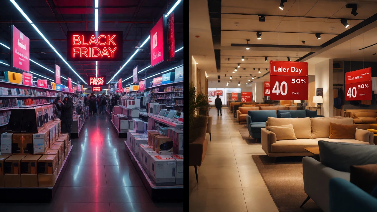 Split view comparing busy electronics sales with discounted furniture displays showing deeper markdowns.