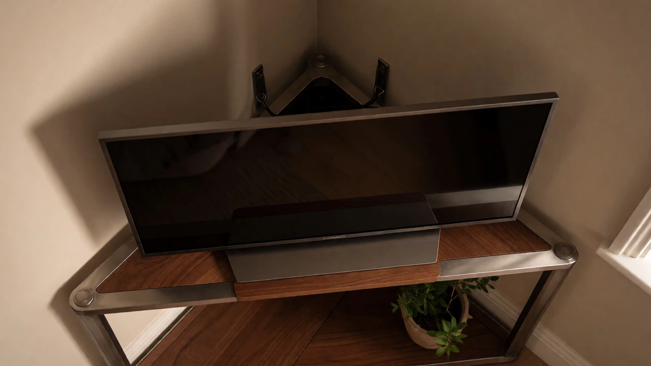 Triangular corner TV stand maximizing space in a room