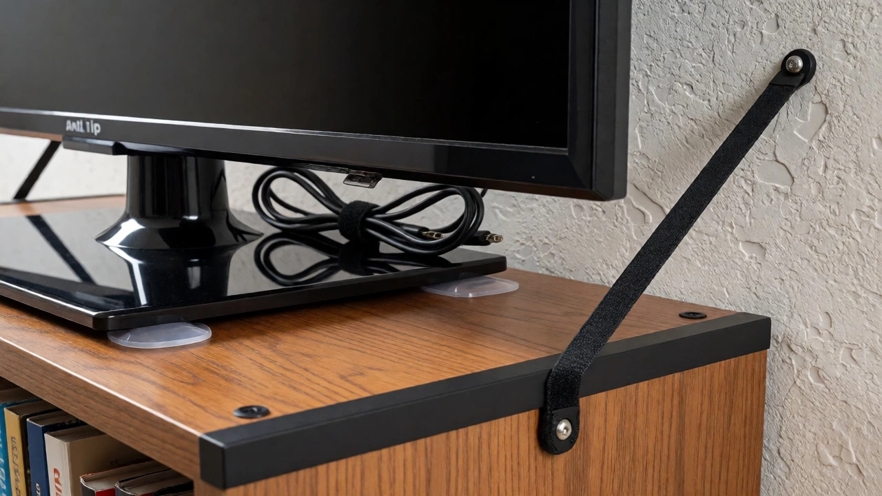 TV on bookcase with anti-tip strap and non-slip pads