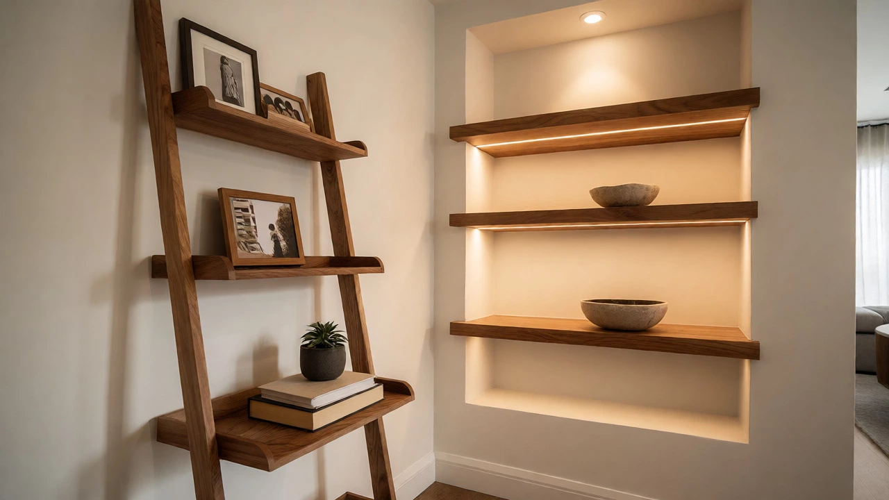 Walnut ladder shelf and floating niches with LED lighting in a modern apartment.